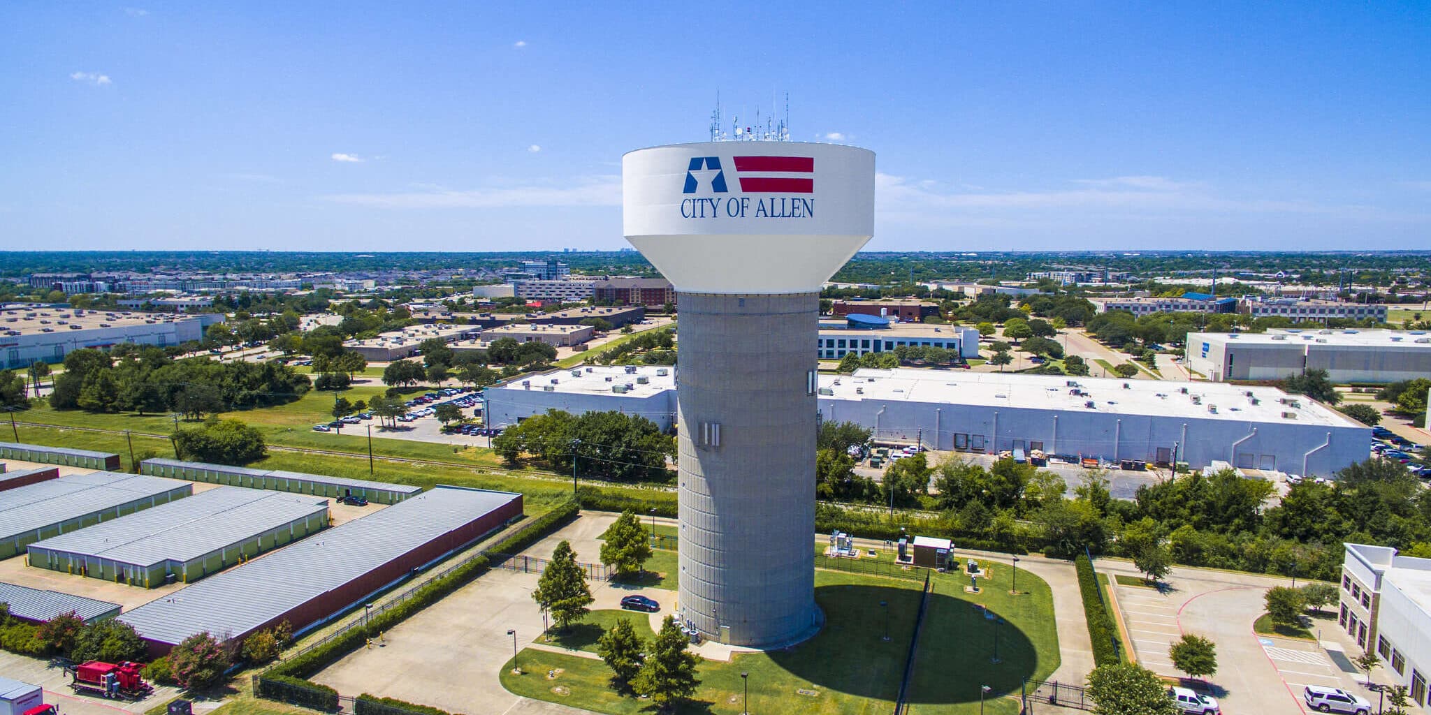 City of Allen, Texas water tower over the suburbs