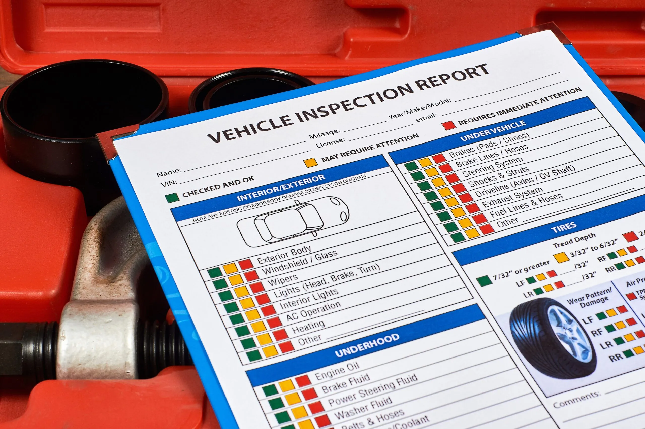 Reporte de inspección de vehículo y herramientas en el taller